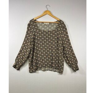 LOFT Floral Blouse Women Large Black Orange Square Neck Rayon Long Sleeve Top